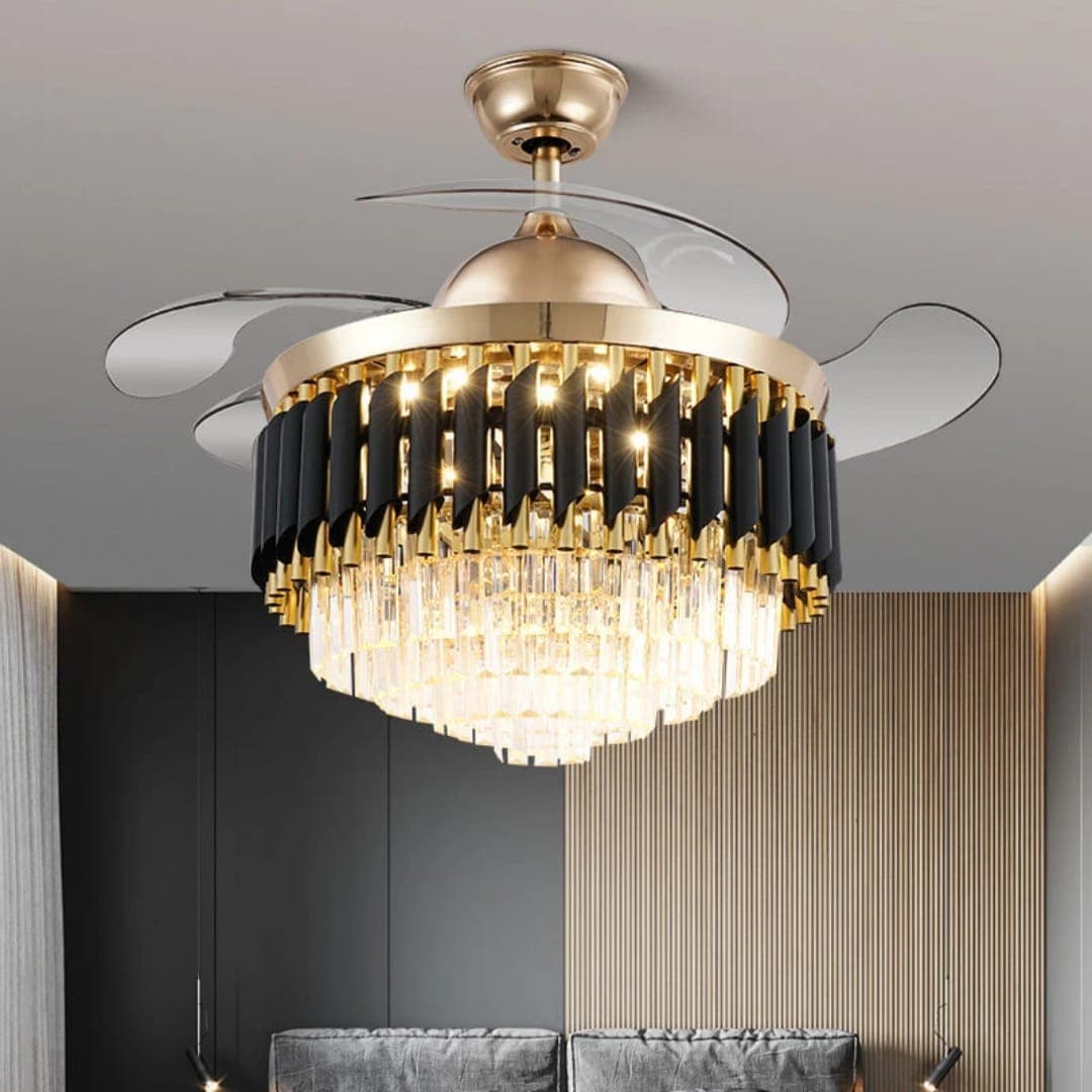 Modern Black and Gold Crystal Chandelier with Fan– Retractable Blades, LED Light & Luxury Crystal Design. - View 1