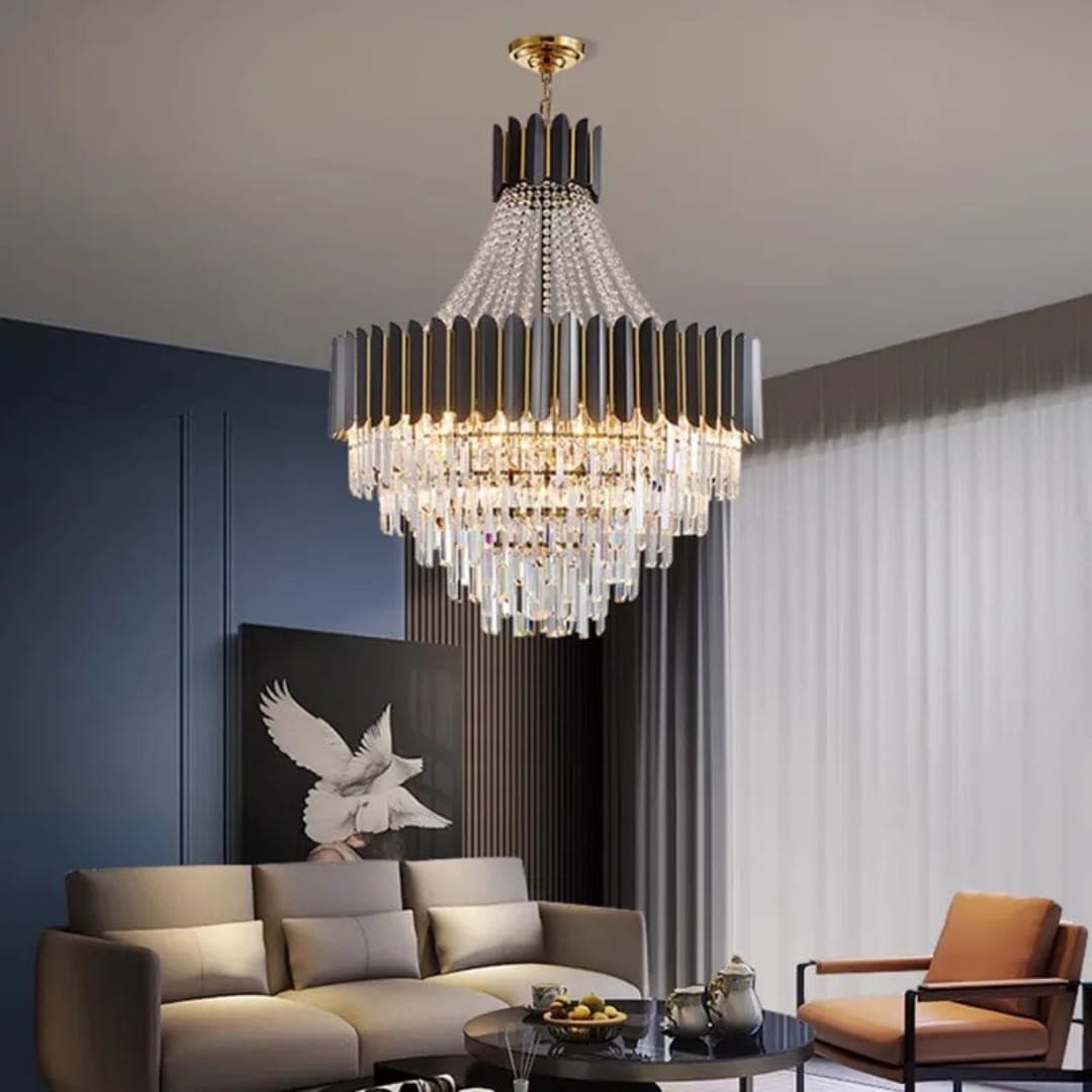 Gold & Smoky Gray Tiered K9 Crystal Lighting for High Ceilings - View 1