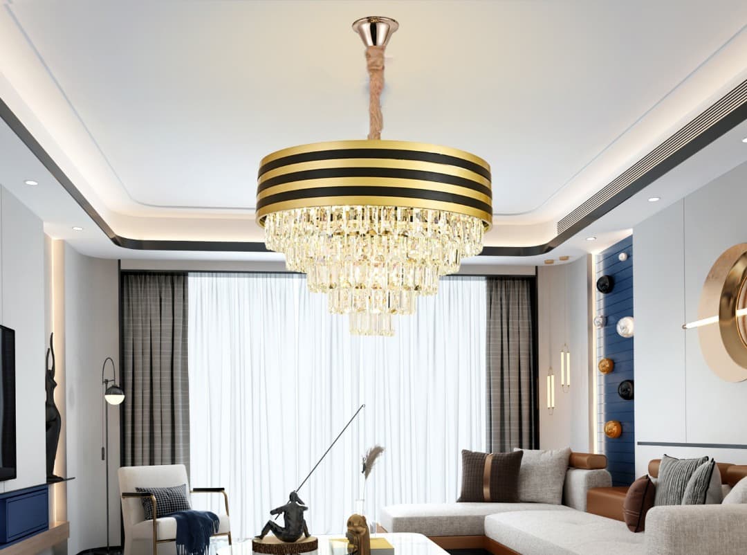 Luxury Gold and Black Crystal Chandelier– Modern Drum Design for Dining Room & Living Room.  - View 1