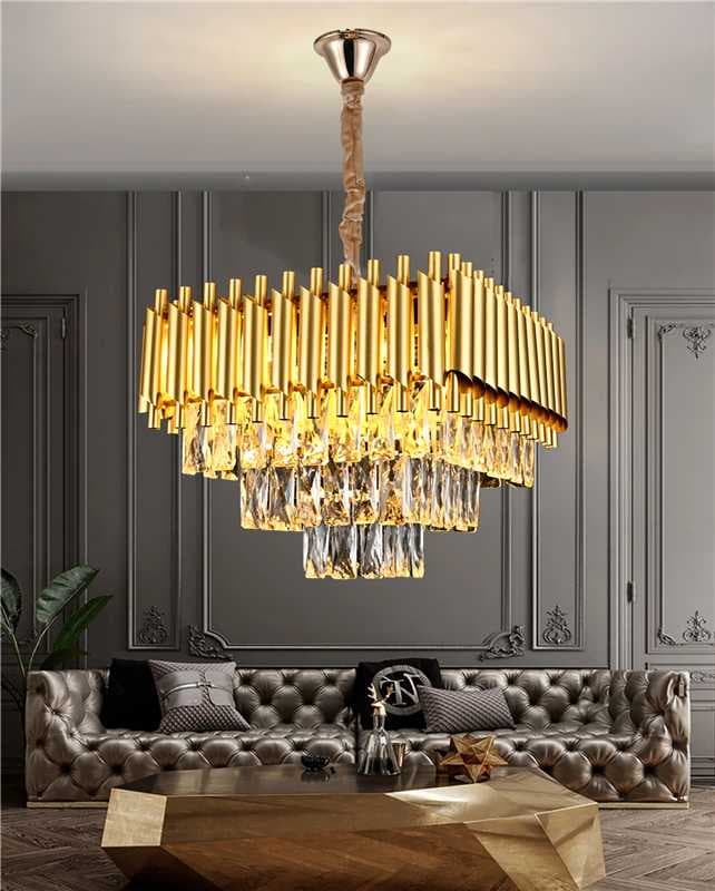 Gold and Crystal Chandelier– Modern Multi-Tiered Design with Sparkling Crystals.  - View 1