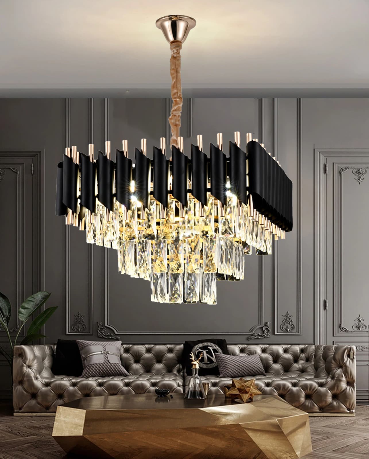 Luxury Black and Gold Crystal Chandelier– Large Modern Lighting for Dining Room or Living Room - View 1