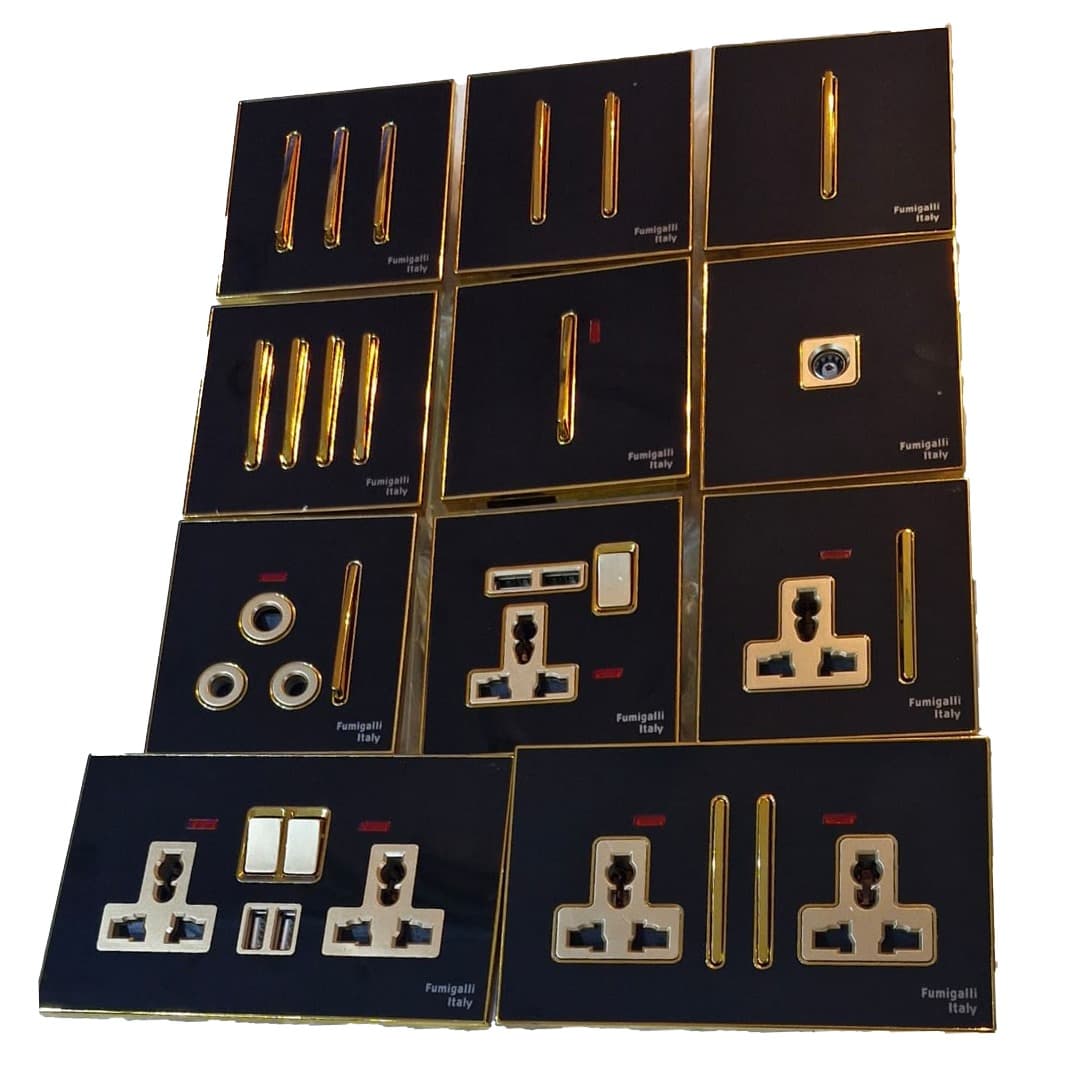Black Electrical Sockets and Switches with Gold Buttons for Home, Kitchen, and offices - View 1
