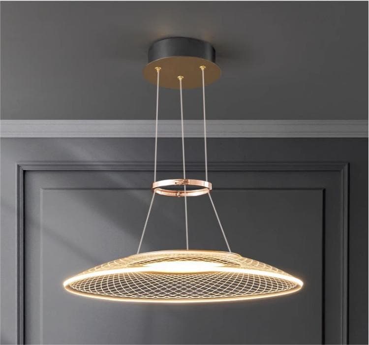 Modern Gold Mesh Disc Pendant Light – LED Ring Chandelier.  - View 1