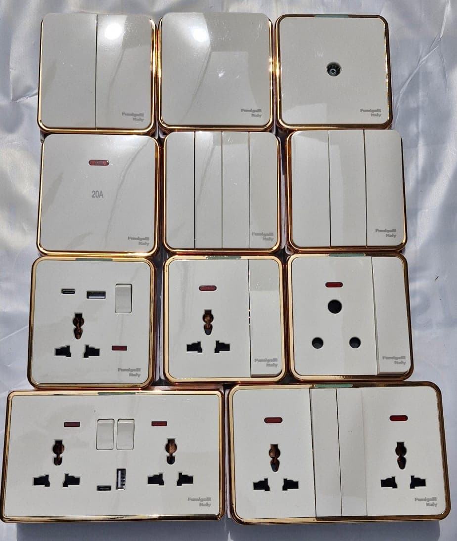 Glossy White Electrical Sockets and Switches with Gold Accents for Office, and Kitchen - View 1