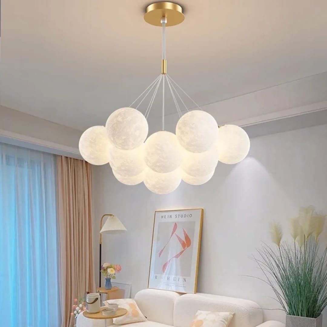 Luxury Nordic Chandelier with Moon Glass Globes – Modern Gold Rope Ceiling Light for Living Room & Dining Area - View 1