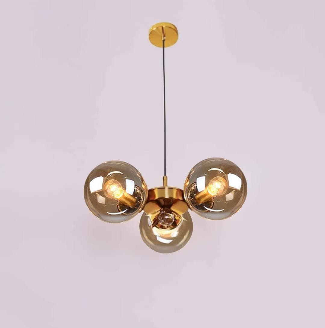 3 Heads Nordic Chandelier Light – Modern Gold Metal & Smoked Glass Ceiling Lamp for Dining & Living Room. - View 1