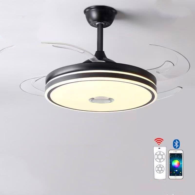 Modern Black Chandelier with Retractable Blades, Tricolor LED & Bluetooth Speaker. - View 1
