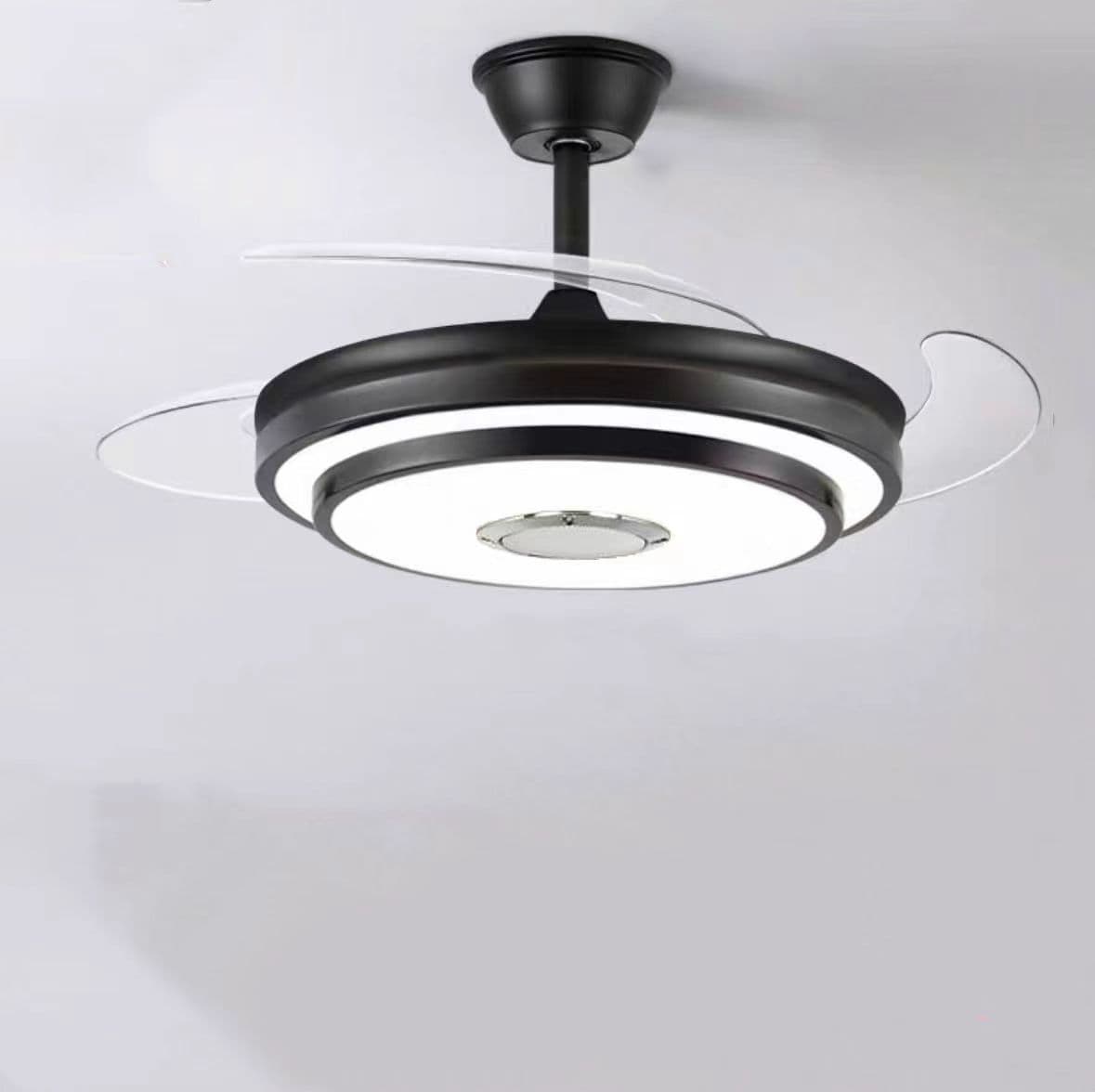 Modern Black Chandelier with Retractable Blades, Tricolor LED & Bluetooth Speaker. - View 1