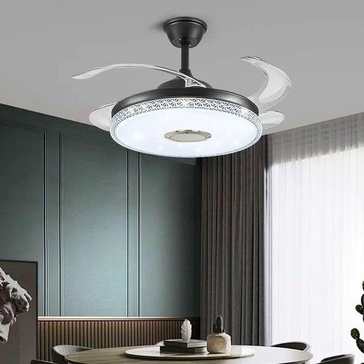 42-Inch Black Bluetooth Chandelier Fan with LED Light & Music – Modern Retractable Chandelier. - View 1
