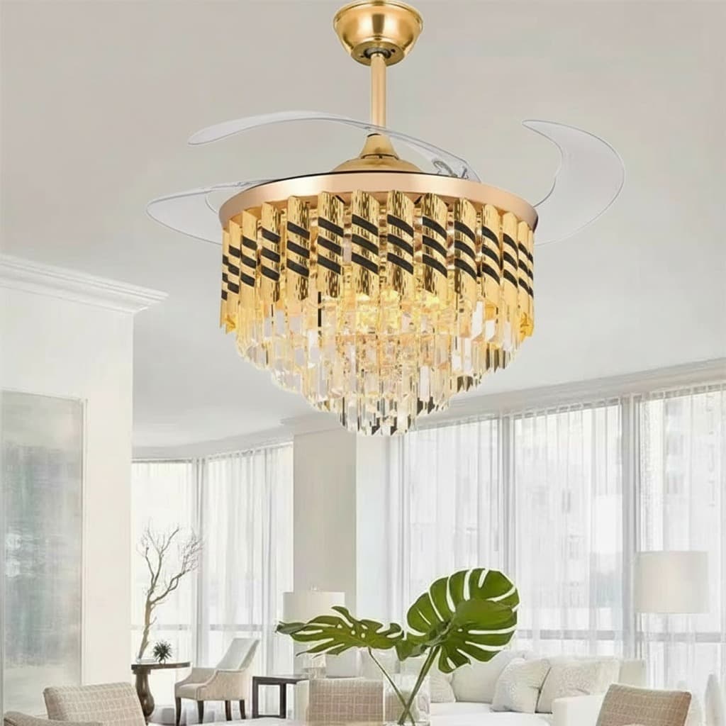Smart Crystal Chandelier Fan – Gold LED Ceiling Fan with Bluetooth Speaker. - View 1