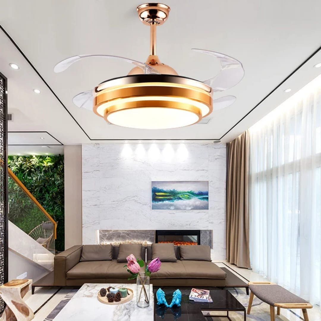 Gold Ceiling Fan with LED Lighting, Silent Copper Motor & Bluetooth Audio. - View 1