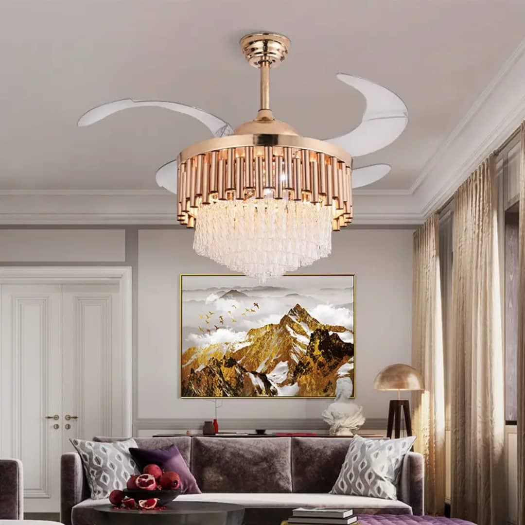 42-Inch Gold Crystal Chandelier Fan – Luxury LED Ceiling Fan with Retractable Blades. - View 1