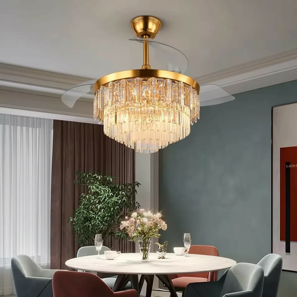 Gold Crystal Ceiling Fan with Retractable Blades – Dimmable LED & Bluetooth. - View 1