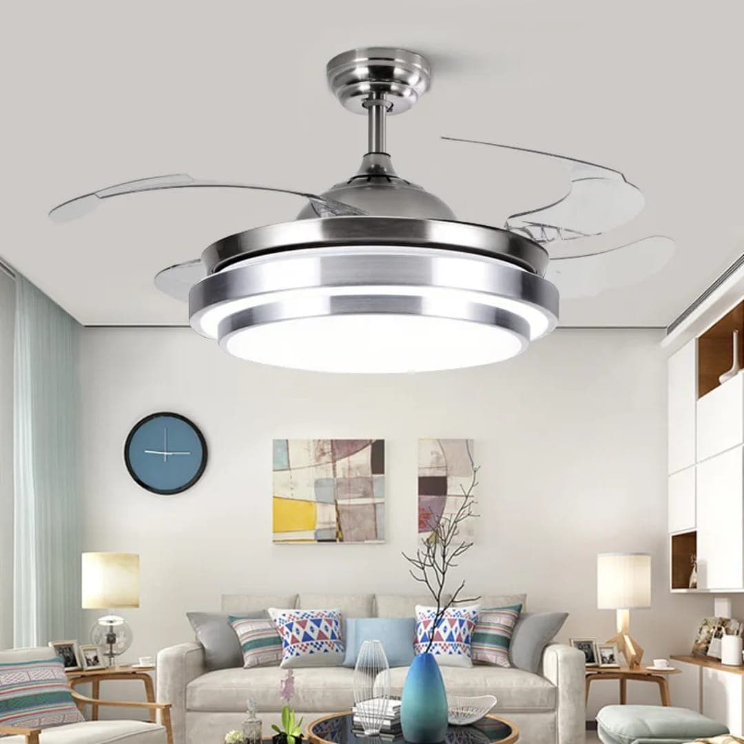 Modern Silver Chandelier with LED Light, Retractable Blades, and Bluetooth Speaker. - View 1
