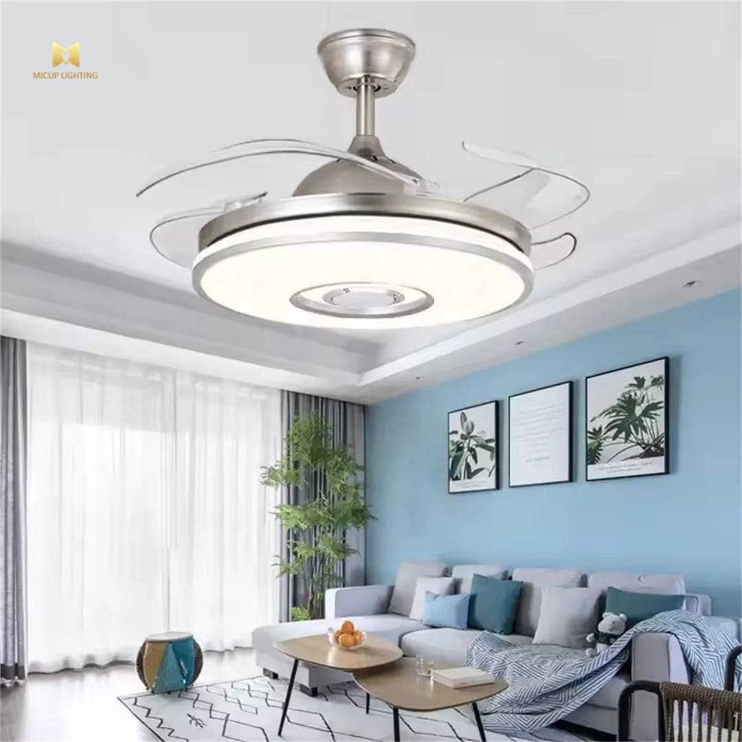42-Inch Silver Bluetooth Ceiling Fan with Retractable Blades and LED Light. - View 1