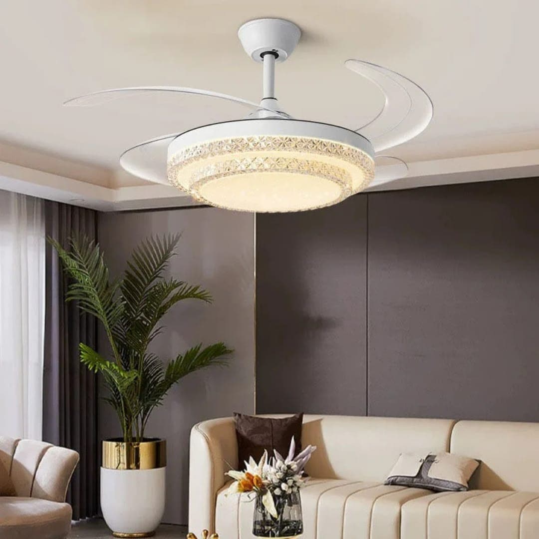 Premium White Retractable Fan Light with Speaker for Living Room. - View 1
