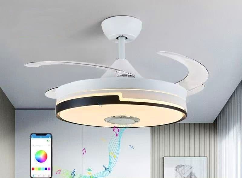Modern White Ceiling Fan with Invisible Blades, Tricolor LED Lighting & Bluetooth Speakers. - View 1