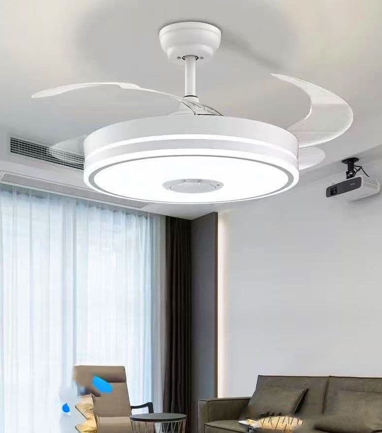 42-Inch White Bluetooth Chandelier Fan – Retractable Ceiling Fandelier with LED Light & Speaker. - View 1