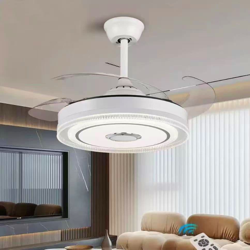 42-Inch White Bluetooth Chandelier Fan – Retractable Ceiling Fandelier with LED Light & Speaker. - View 1