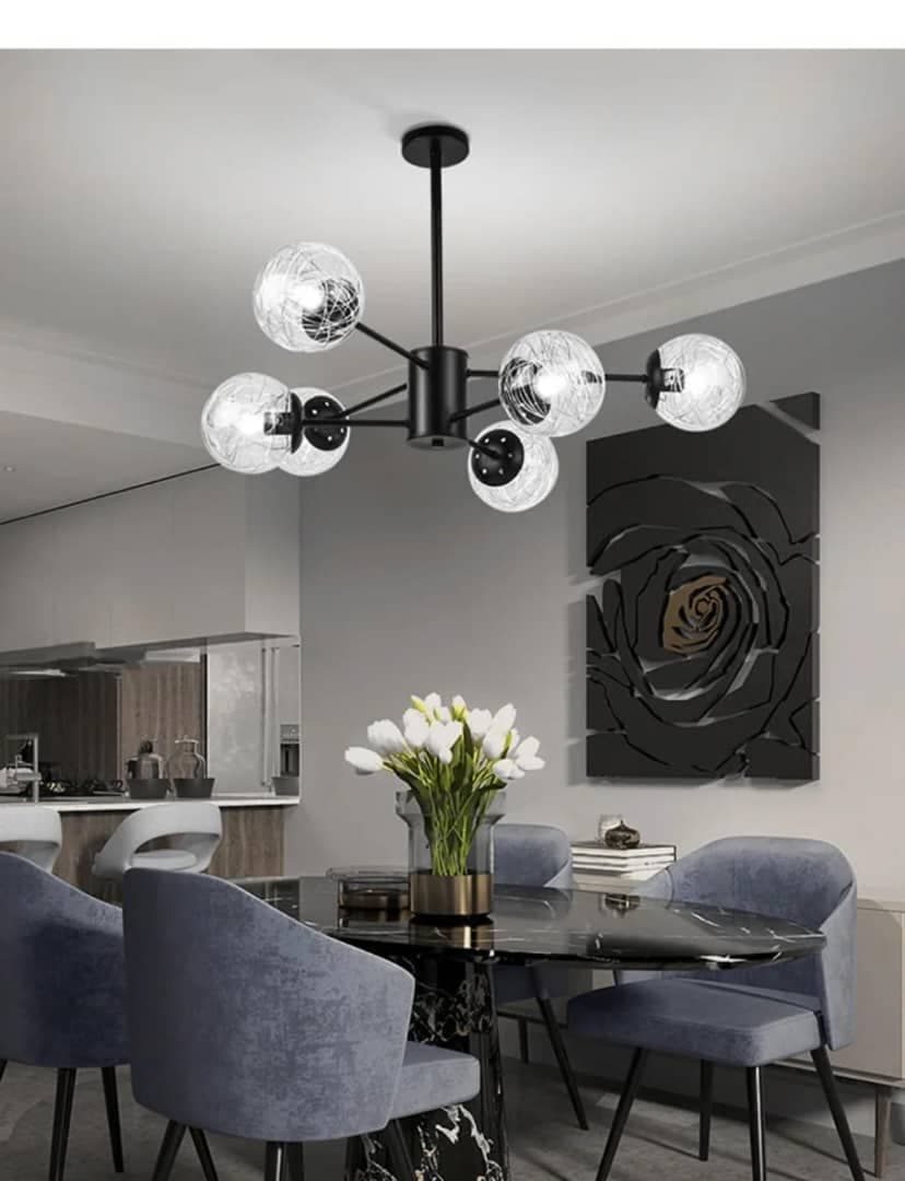 Round Nordic Chandelier – Elegant 6 Head Metal & Glass Pendant Light for Dining and Living Room. - View 1