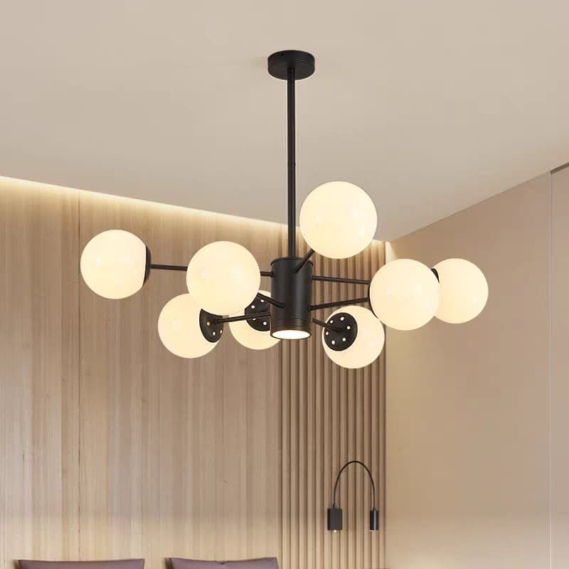 Nordic Round Chandelier – 8-Head Black Metal and Frosted Glass Ceiling Fixture for Dining Room or Bedroom. - View 1