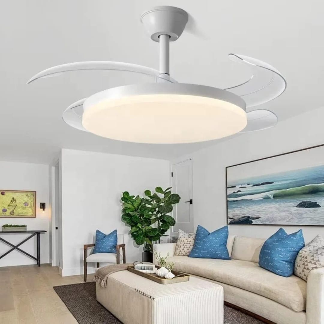 White Modern Chandelier with Fan combo and LED Light, ideal for Living Room, Dining, Bedroom - View 1