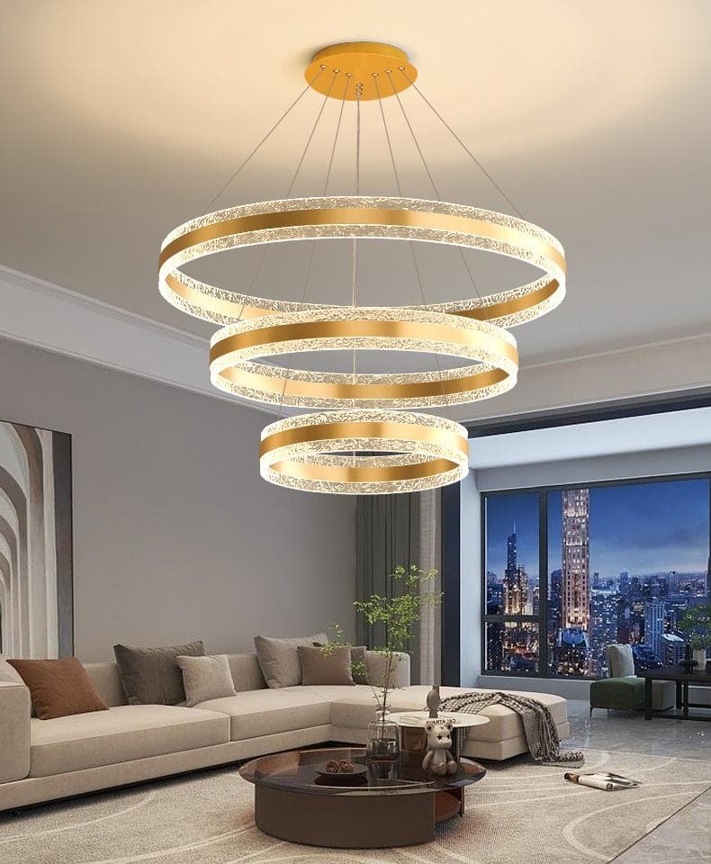 Gold Multi-Ring LED Chandelier | Modern 3-Ring Tiered Circular Pendant Ceiling Light. - View 1