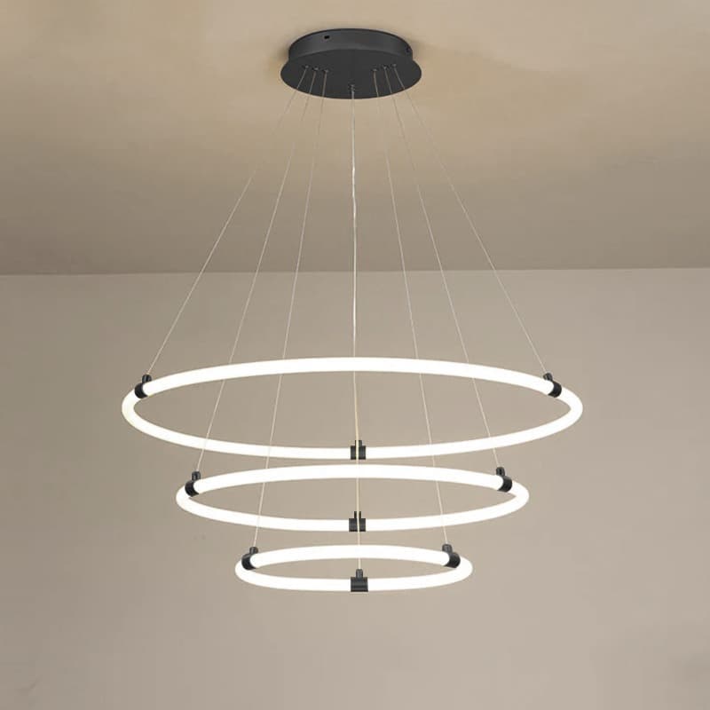 3Luxury Black & White Circular Ceiling Fixture with Adjustable Height, 3-Ring LED Chandelier. - View 1