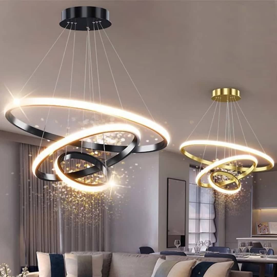 Modern Nordic LED Ceiling Chandelier – Black & Gold Interlocking Rings Light for Living Room. - View 1