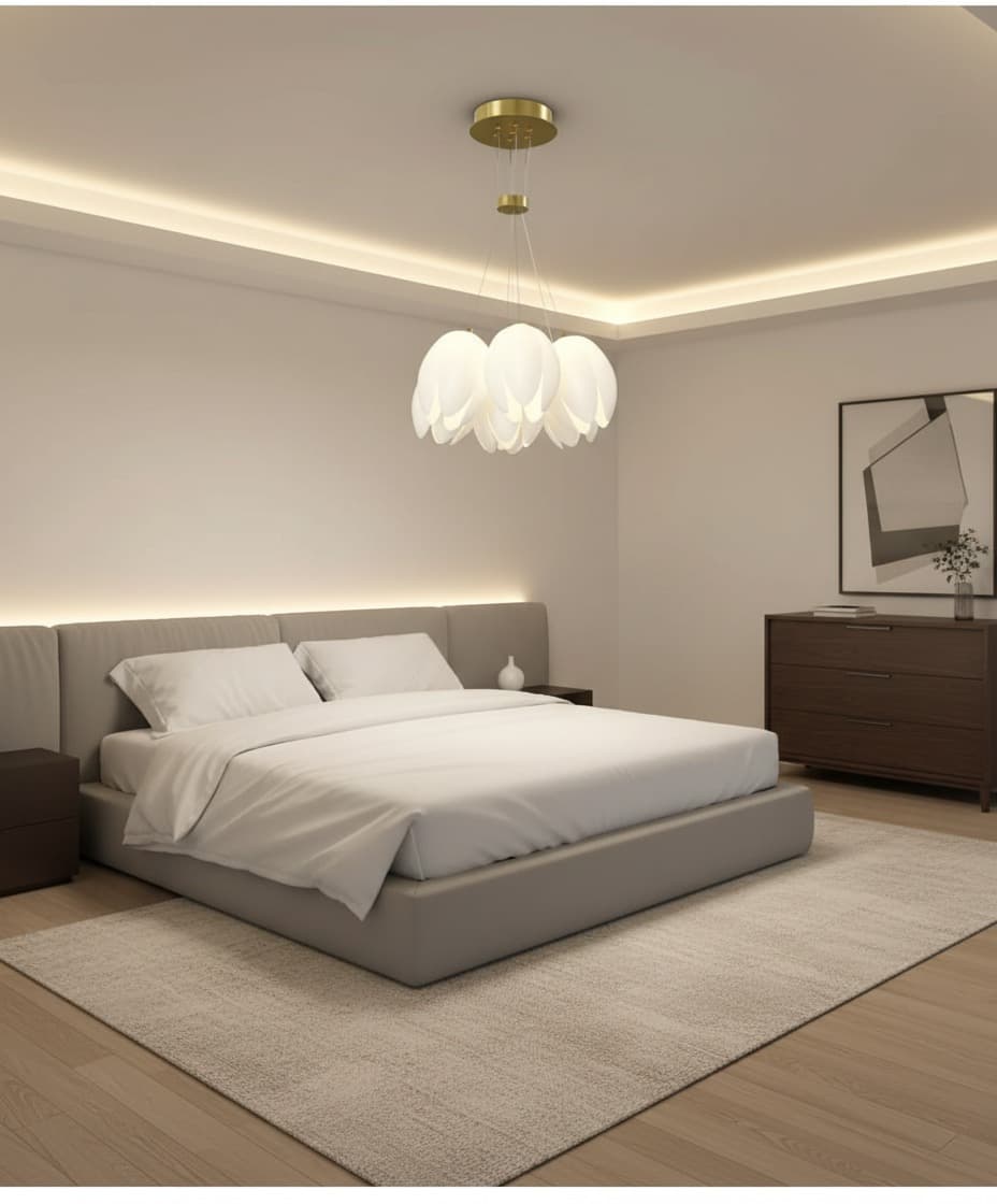 Nordic Flower LED Chandelier – Modern White Petal Ceiling Light with Gold Frame. - View 1