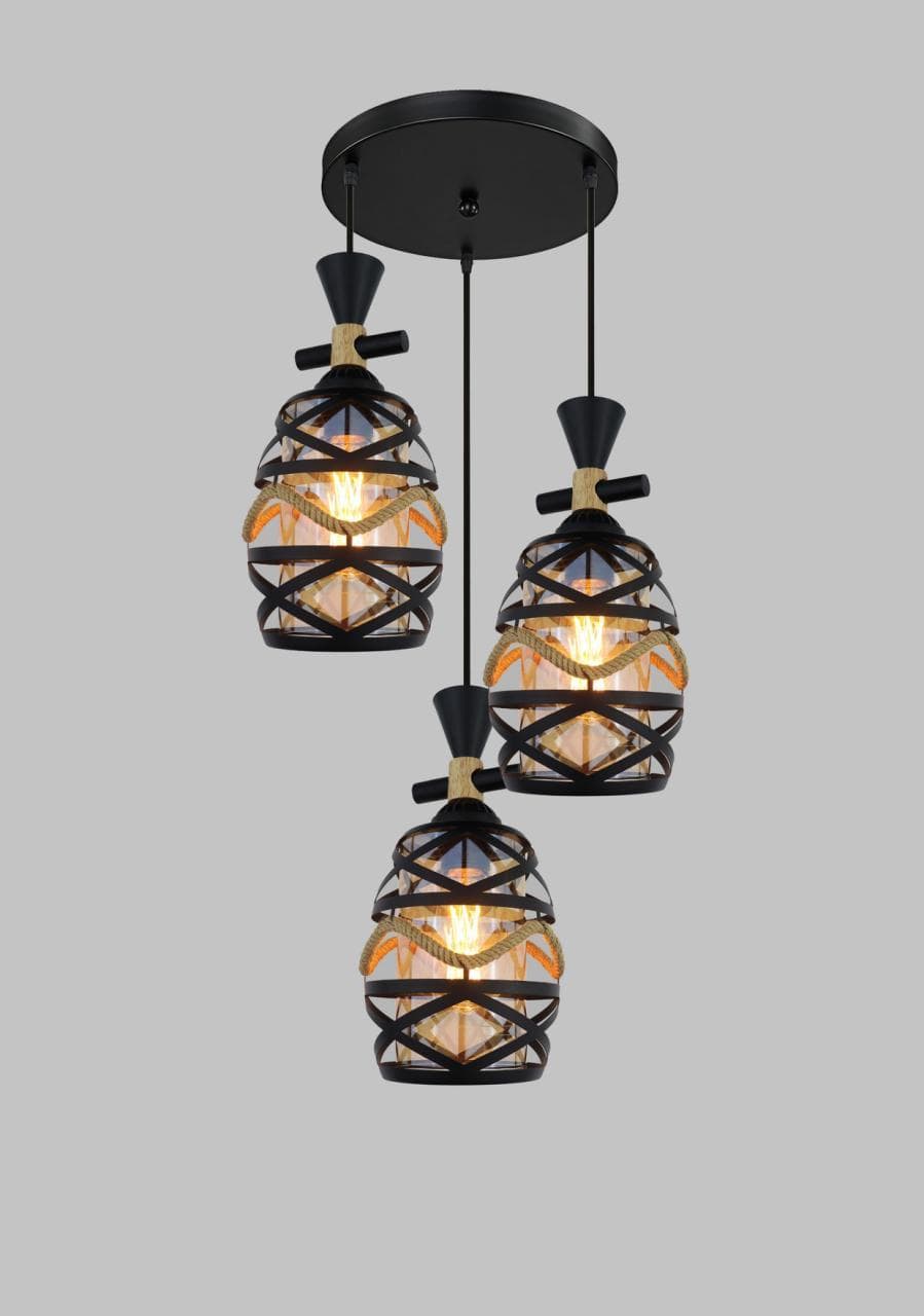 Modern Black Droplight Chandelier – Triple Pendant Rope & Glass Hanging Light for Living & Dining Spaces. - View 1