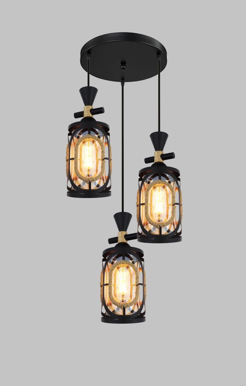 Decorative Black Droplight Chandelier – Rope-Wrapped Cylinder Glass Pendant Light. - View 1