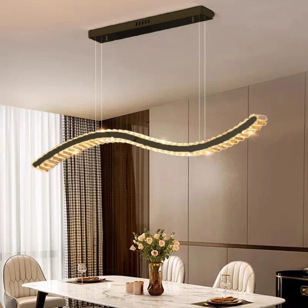 Luxury Black Wave LED Chandelier | Modern Linear Crystal Pendant Light for Dining & Kitchen Island. - View 1