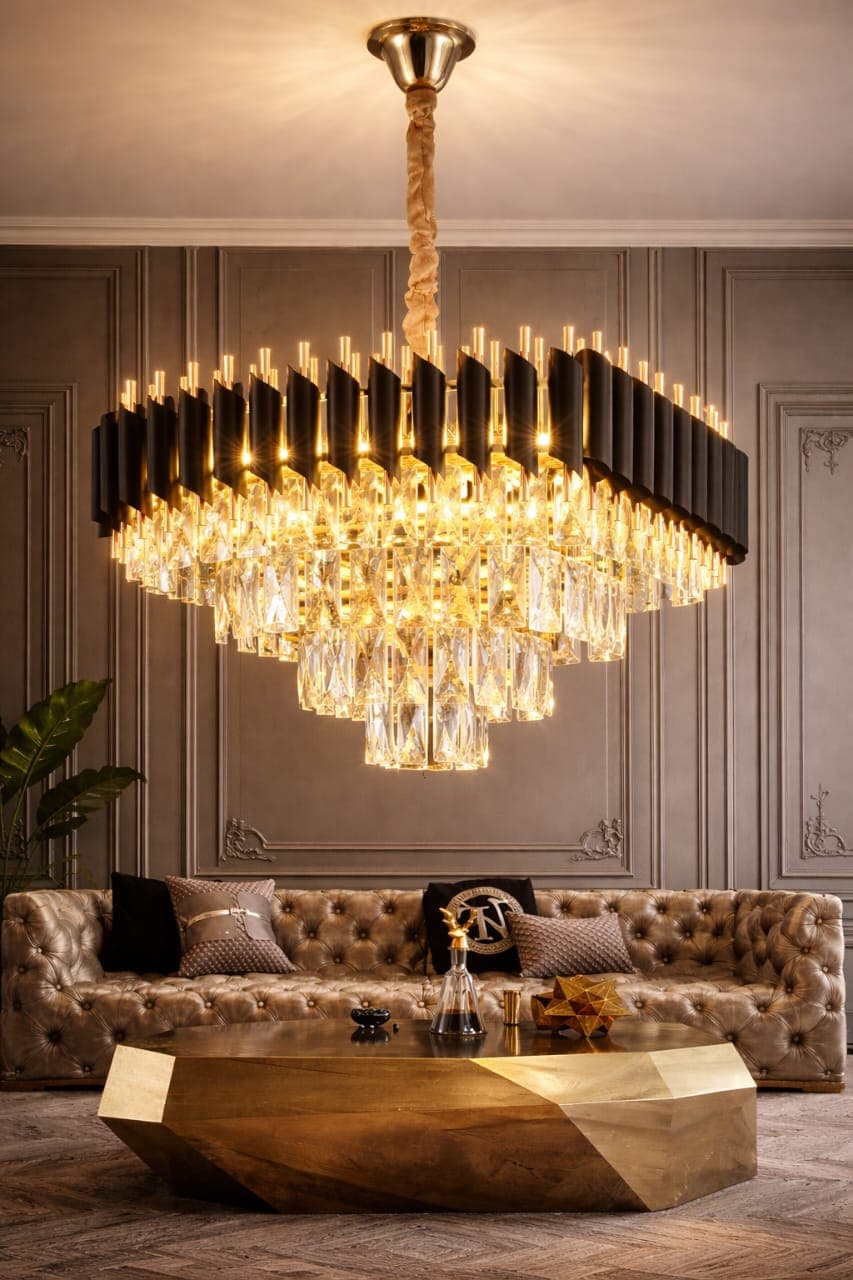 Luxury Black and Gold Crystal Chandelier– Large Modern Lighting for Dining Room or Living Room - View 1