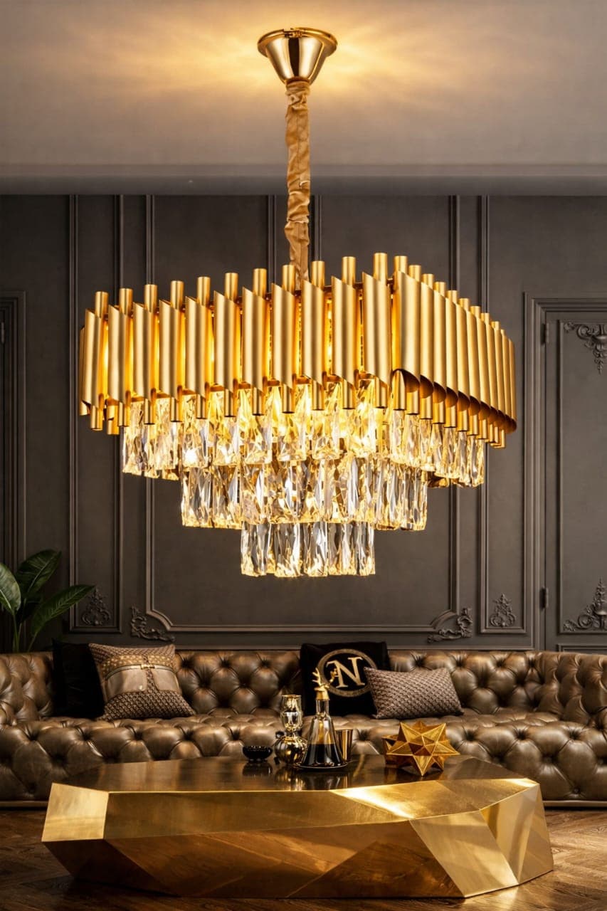 Gold and Crystal Chandelier– Modern Multi-Tiered Design with Sparkling Crystals. - View 1