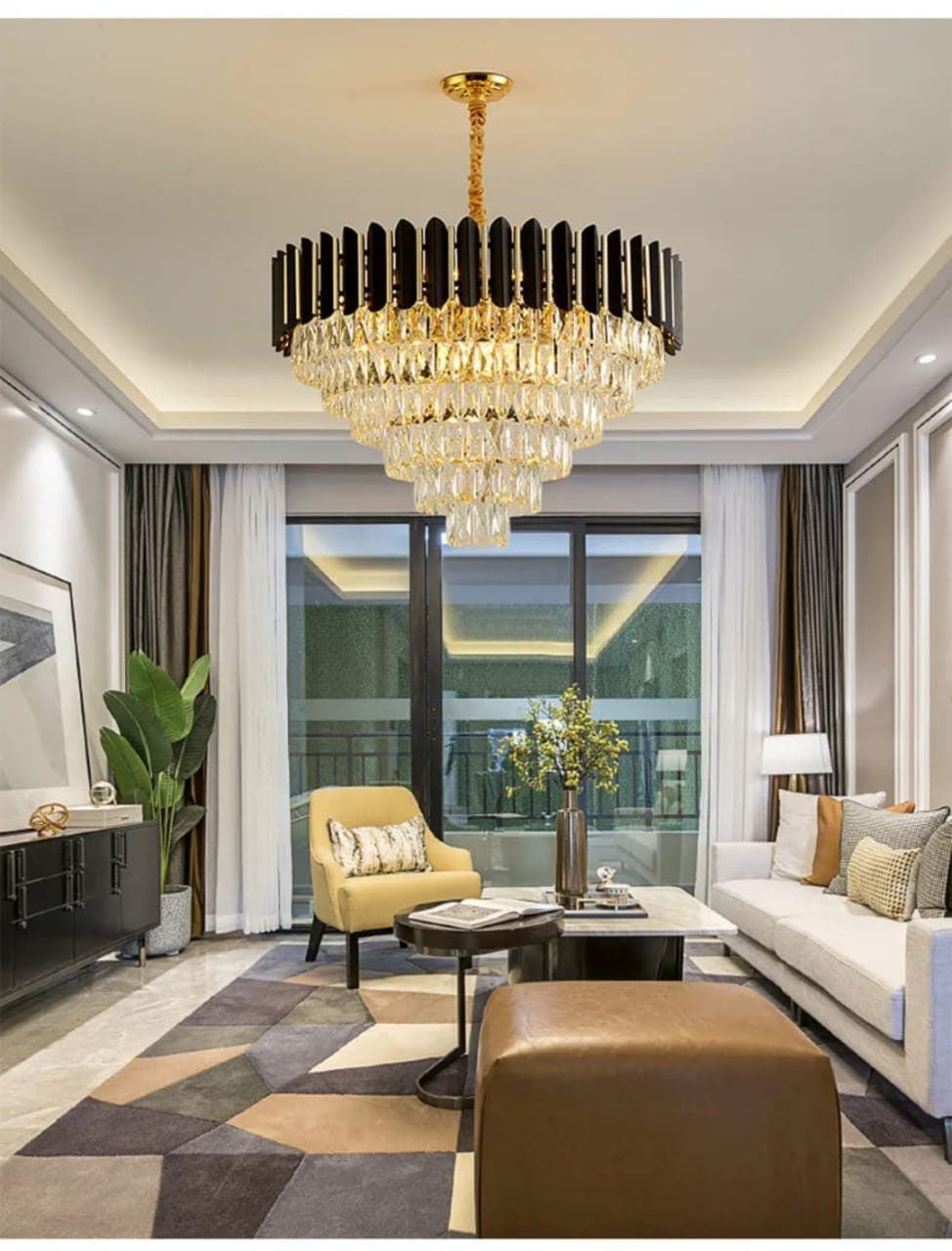 Black and Gold Ceiling Chandelier With Premium Crystal Drops- Perfect for Living Room & Bedrooms. - View 1