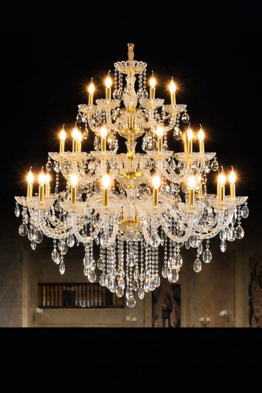 Gold Crystal Chandelier for High Ceilings – Elegant Multi-Tier Luxury Ceiling Light. - View 1