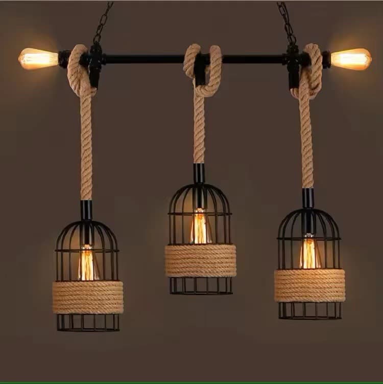 Vintage Industrial Rope Chandelier – Black Metal Edison Cage Ceiling Fixture. - View 1