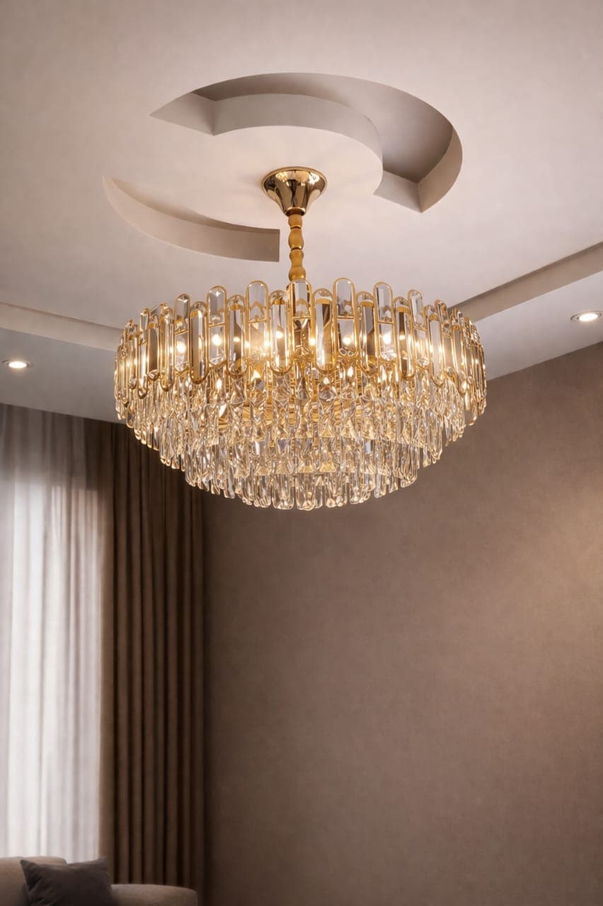 Transparent Crystal Chandelier with Gold Light Reflection | Modern Luxury Ceiling Light for Dining & Living Room. view 3