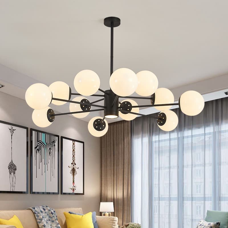 Modern 12-Light Black Molecular Chandelier with Frosted Glass Globes. - View 1