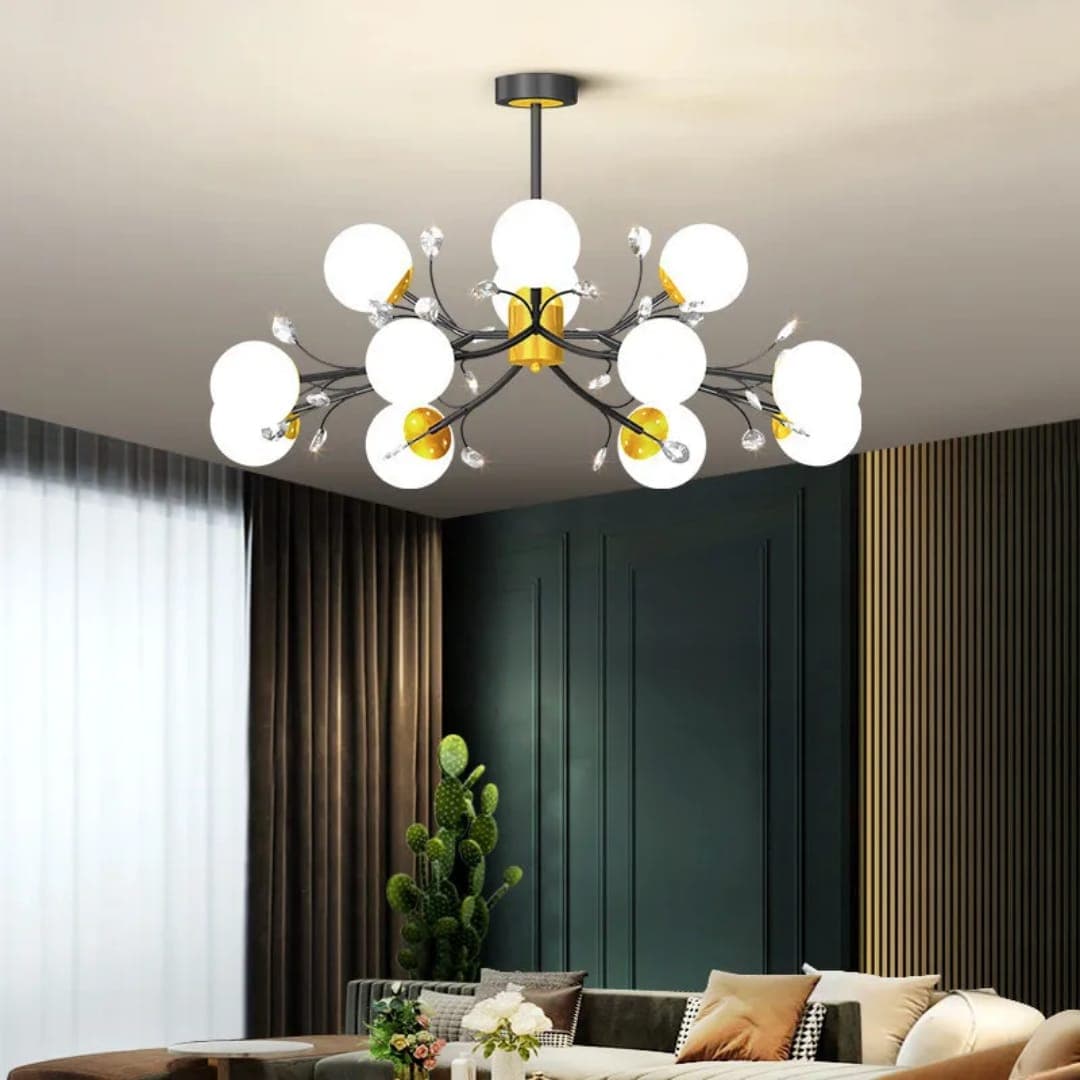 12-Head Luxury Chandelier with Crystal Accents – Scandinavian Black & Gold Fixture. - View 1