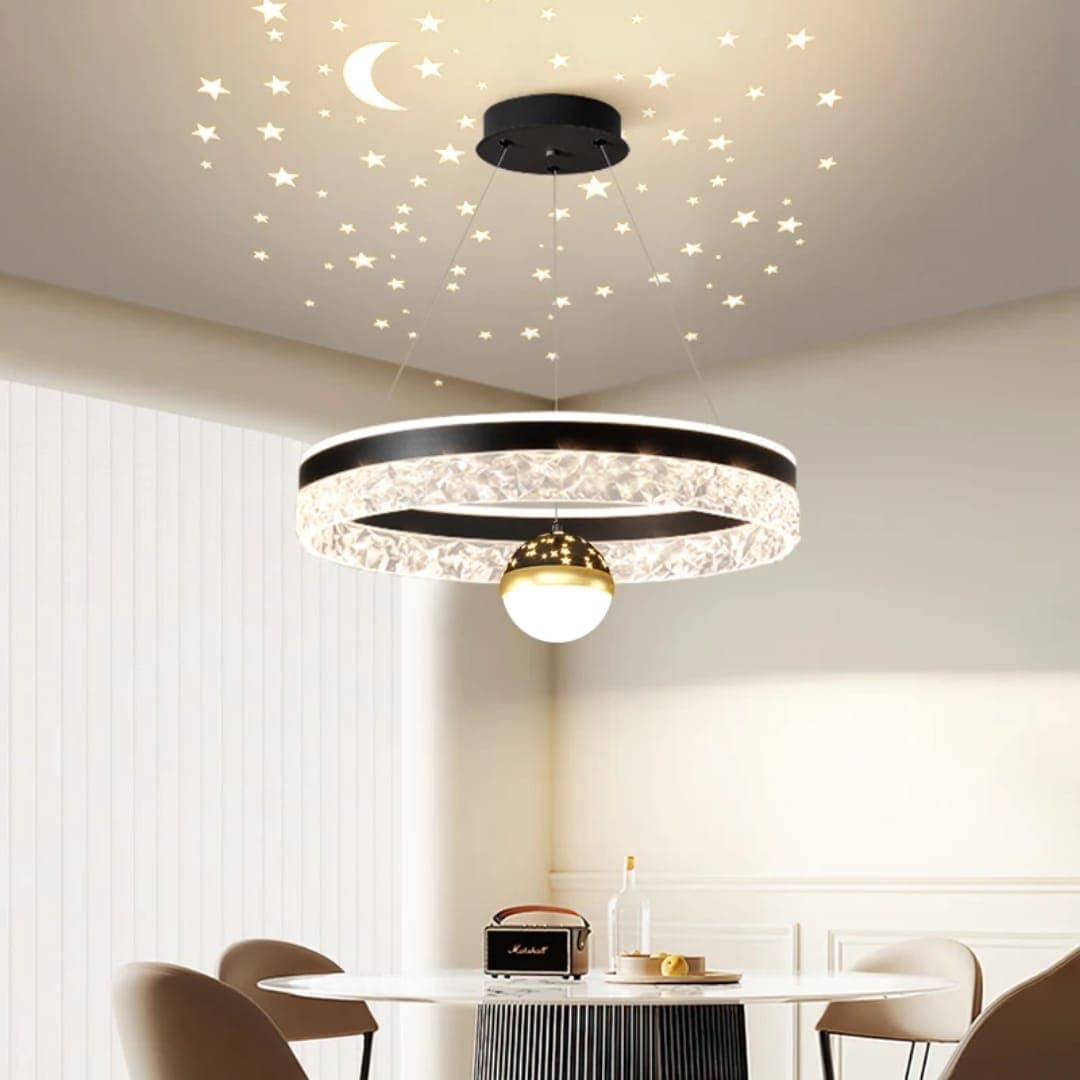 Black Luxury Nordic LED Chandelier with Moon & Star Projection – Bedroom Pendant Light. - View 1