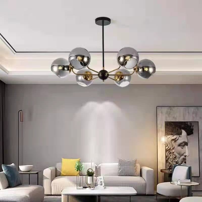 6-Light Smoked Glass Globe Chandelier – Nordic Black Gold Ceiling Fixture. - View 1