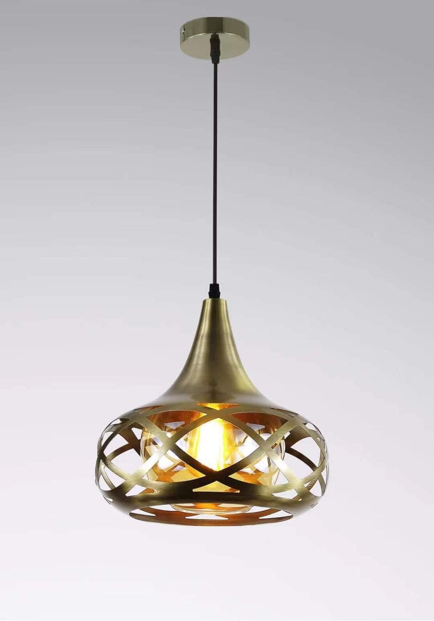 Patterned Industrial Hanging Light – Matte Black & Antique Brass Droplight for Dining & Living Room. - View 1