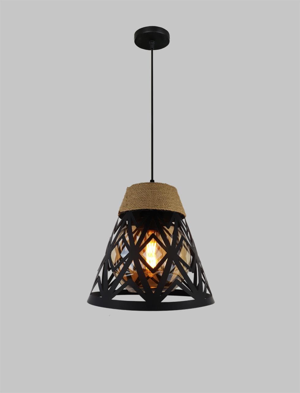 Modern Rustic Pendant Light – Geometric Rope Cage Ceiling Fixture. - View 1