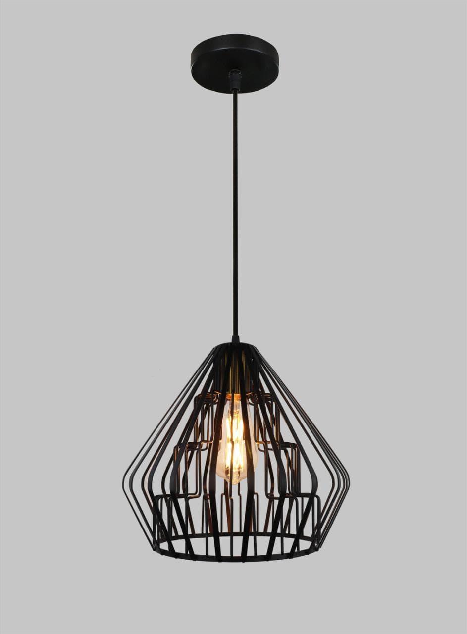 Statement Ceiling Light – Industrial Black Cage Hanging Droplight. - View 1