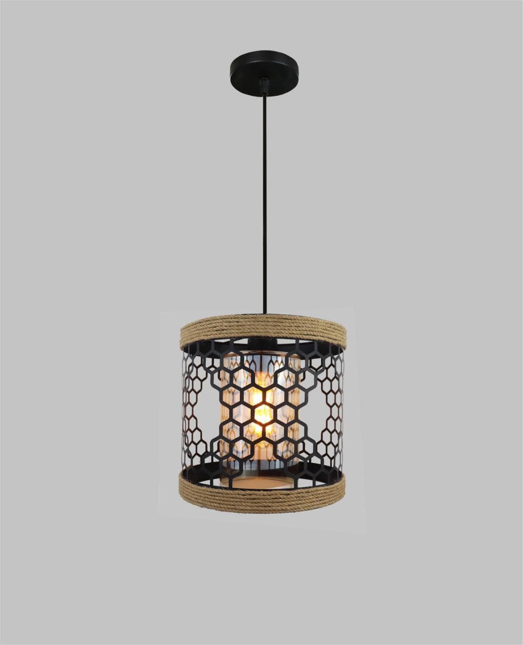Modern Drop Light with Vintage Rope – Black Metal Industrial Pendant. - View 1