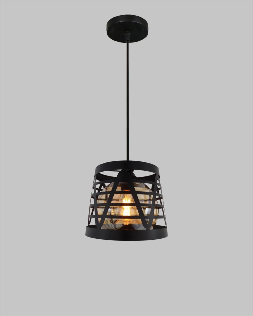 Rustic Industrial Hanging Pendant Light – Black Metal Cage Ceiling Light. - View 1