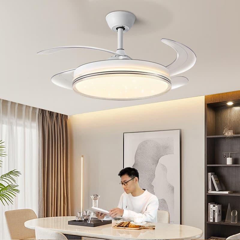 Luxury White Retractable Ceiling Fan with Bluetooth Speaker and Tricolor LED. - View 1